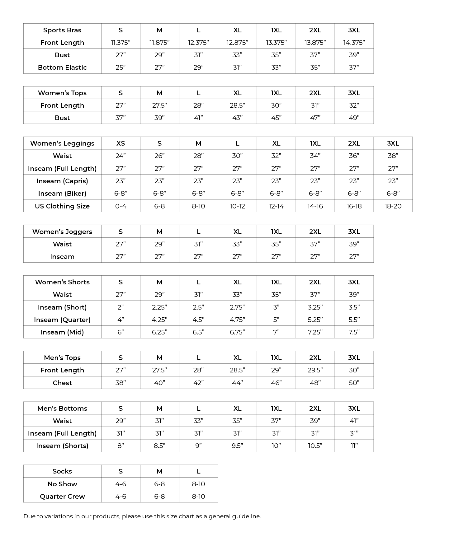 MONO B SIZE CHART